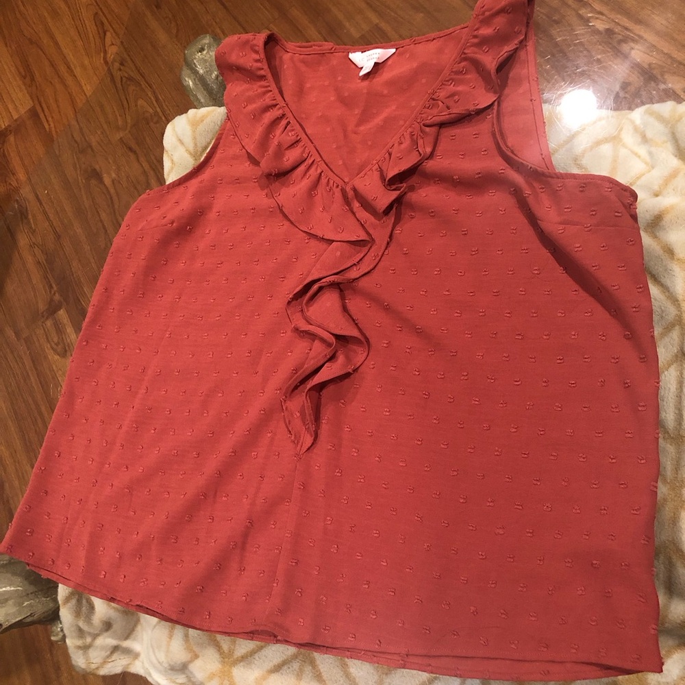 LC Lauren Conrad Ruffled V-Neck Swiss Dot Sleeveless Blouse - Terracotta